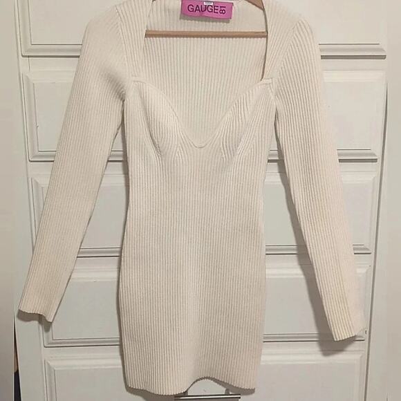 Cream Knit Plunge Mija Merino Wool Blend Rib Mini Dress Gauge81 Medium - Picture 3 of 11